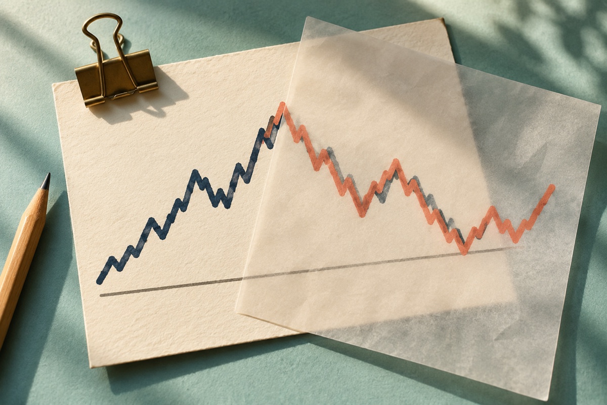Matching coral and navy chart patterns overlaid on translucent tracing paper