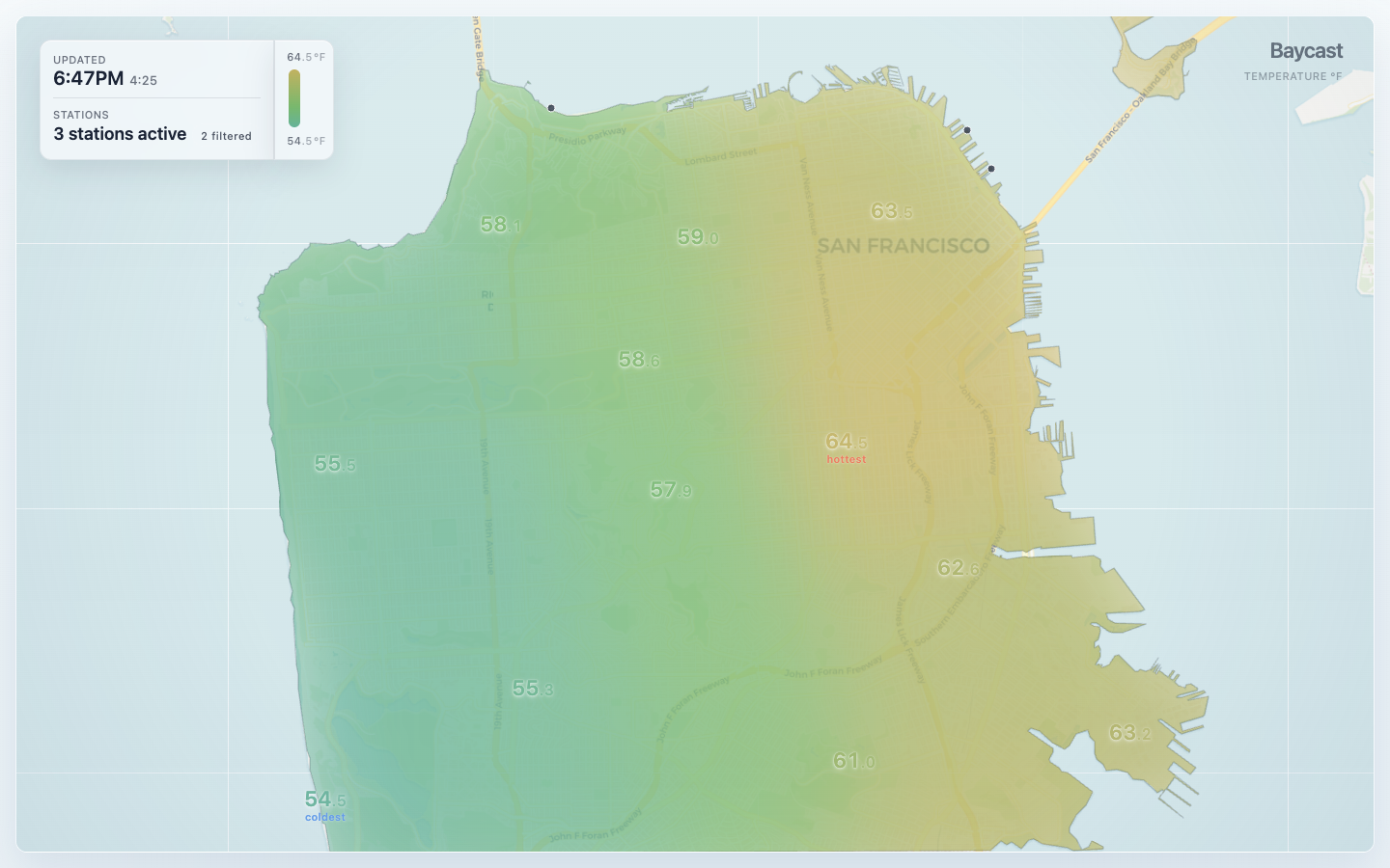Baycast neighborhood temperature heat map of San Francisco