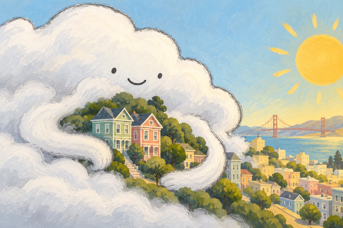 Smiling fog cloud hugging San Francisco hills and houses beside a sunny neighborhood