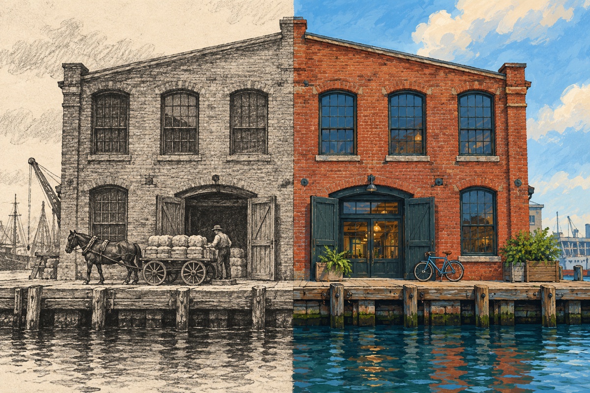 Illustrated brick warehouse split between a charcoal historical scene and a colorful present-day scene