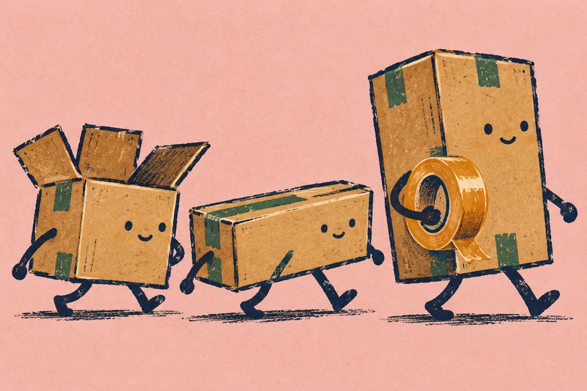 Three cheerful cardboard boxes marching together with packing tape in a hand-printed illustration