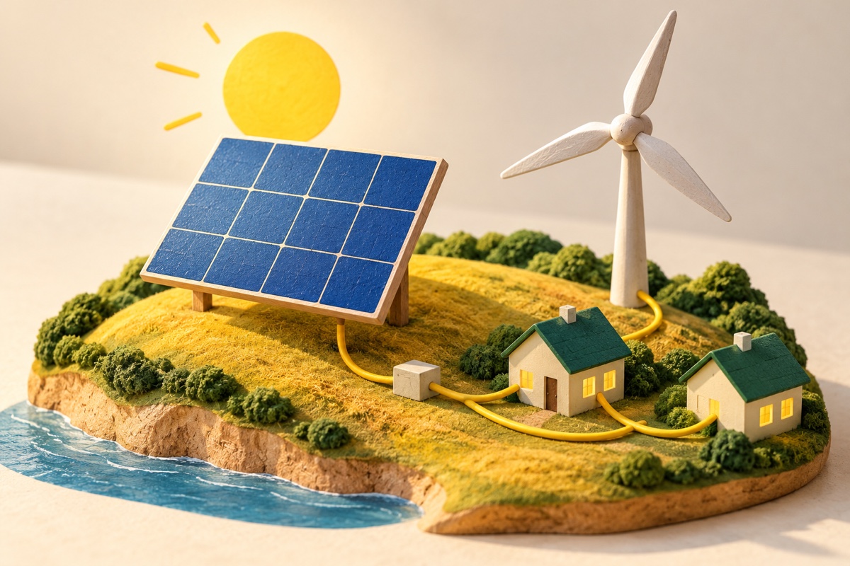 Miniature solar panel and wind turbine powering tiny homes on a sunny California landscape