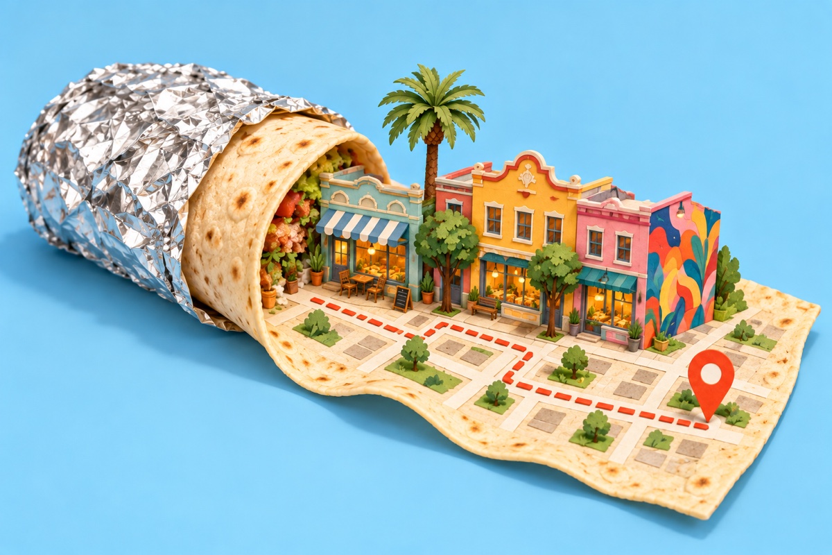 A burrito unfolding into a miniature Mission neighborhood with colorful storefronts, a mural, and a walking route