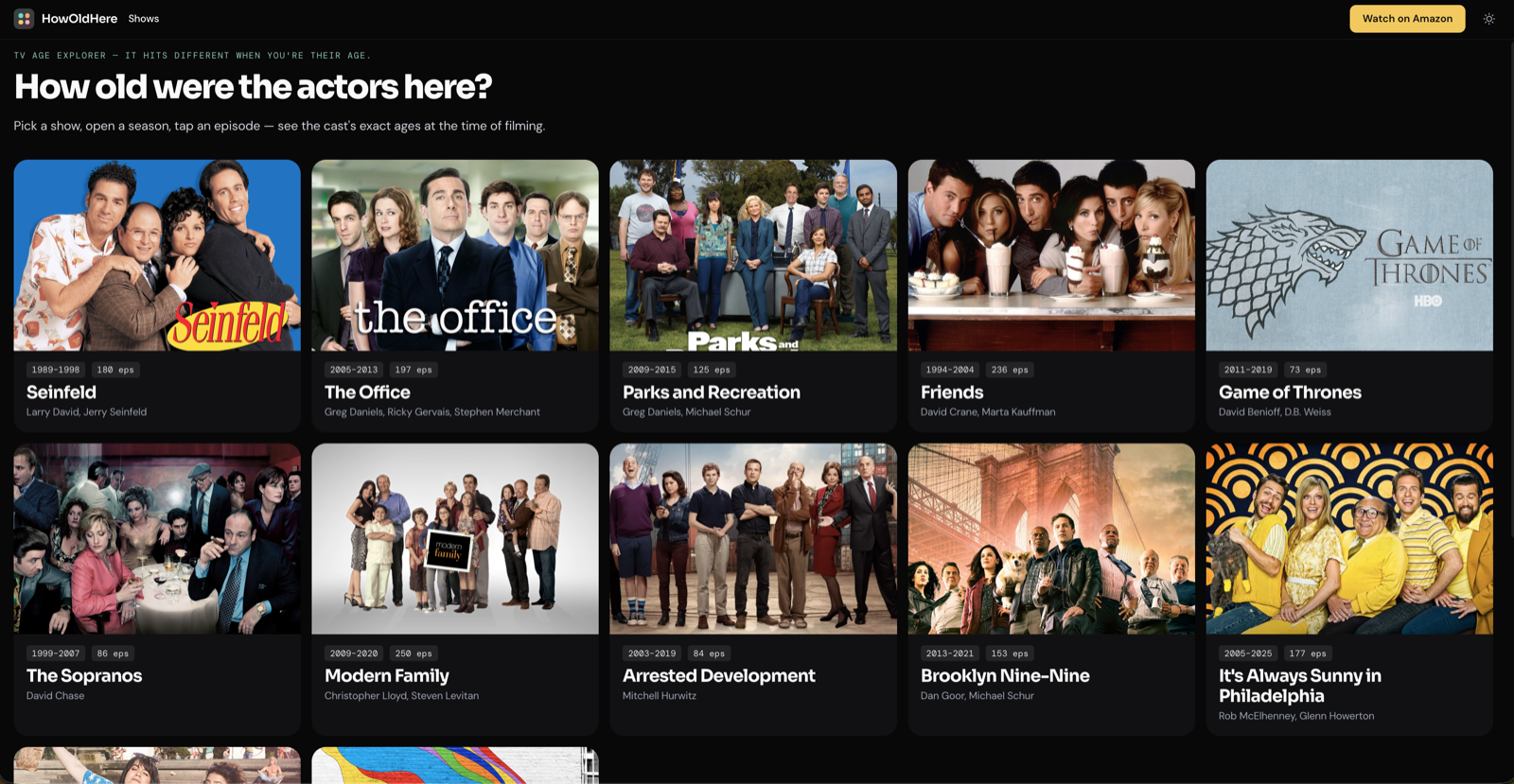 HowOldHere app showing actor ages per episode