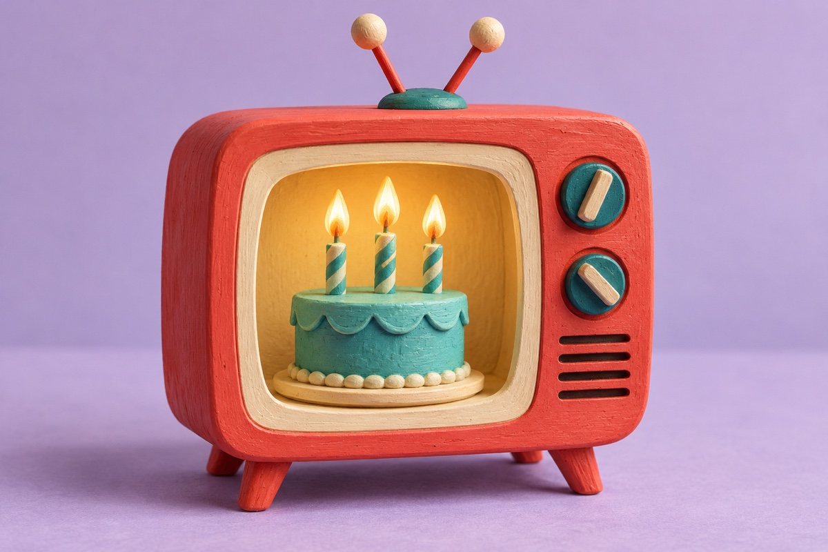 Miniature coral television with a birthday cake and lit candles on its screen