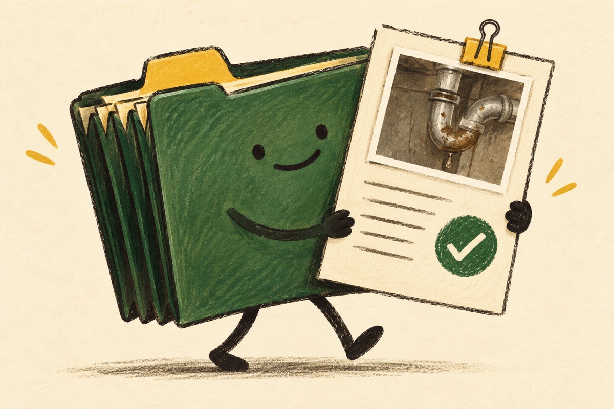 Illustrated green folder mascot holding a maintenance photo and a checked record
