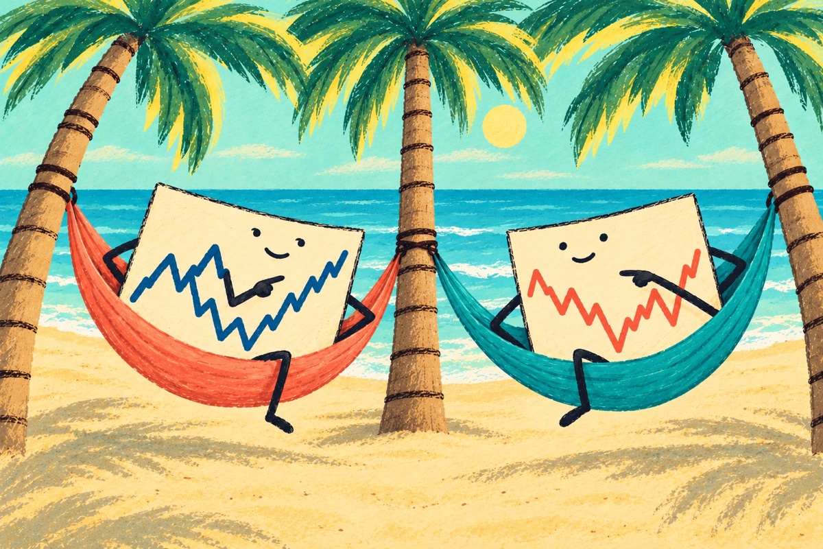 Two stock-chart characters in beach hammocks tied between three brown-trunked palms with green fronds