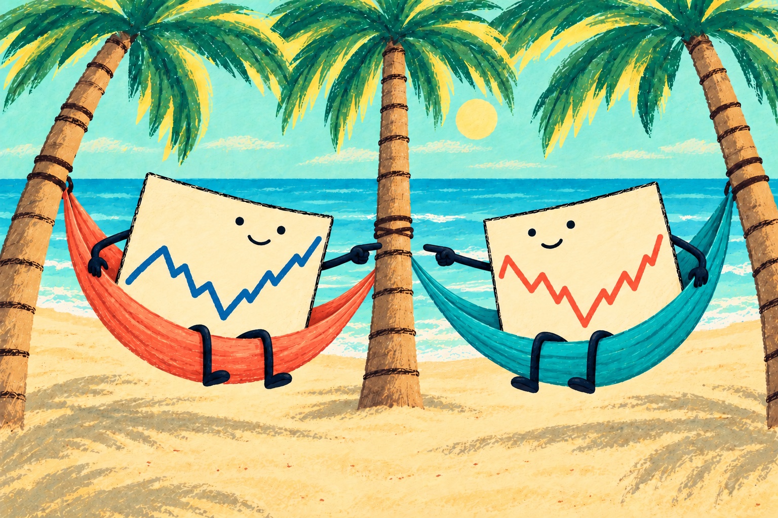 Two stock-chart characters in beach hammocks tied between three brown-trunked palms with green fronds