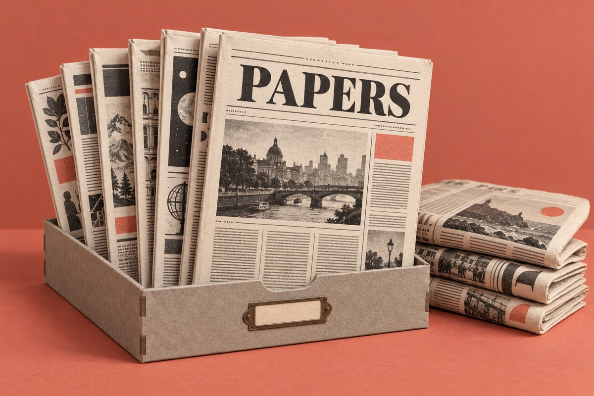 Miniature archive box filled with newspaper front pages beside stacked editions on a coral background