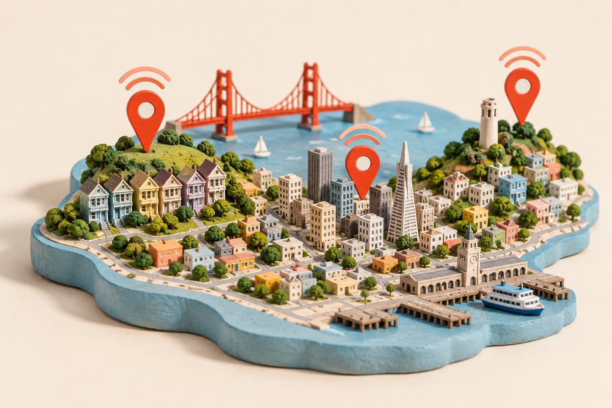 Miniature San Francisco with coral call markers above its neighborhoods