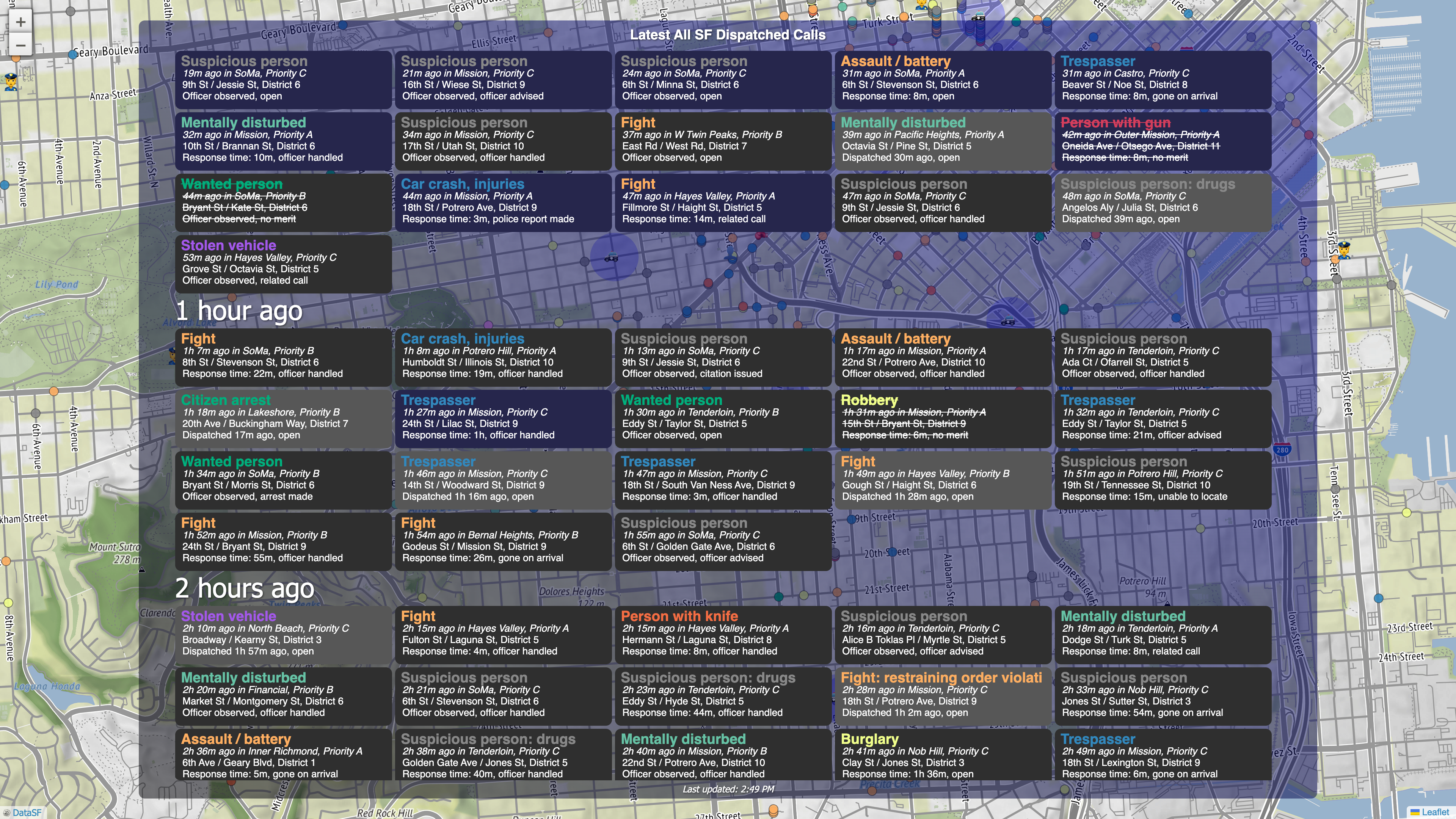 SFPDcalls interface showing live 911 dispatch map