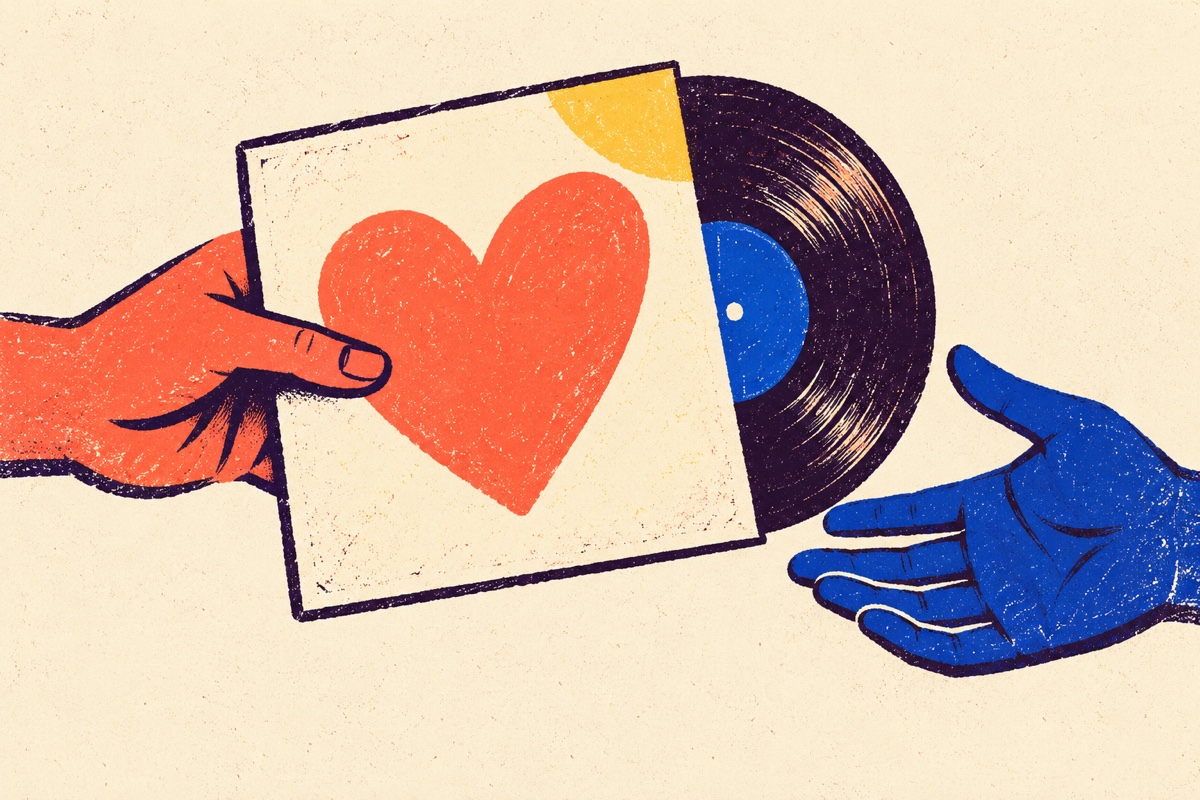 Hand-printed illustration of two hands sharing a vinyl record in a heart-covered sleeve