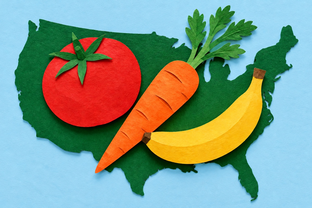 Paper-cut United States map with a tomato, carrot, and banana on a light blue background